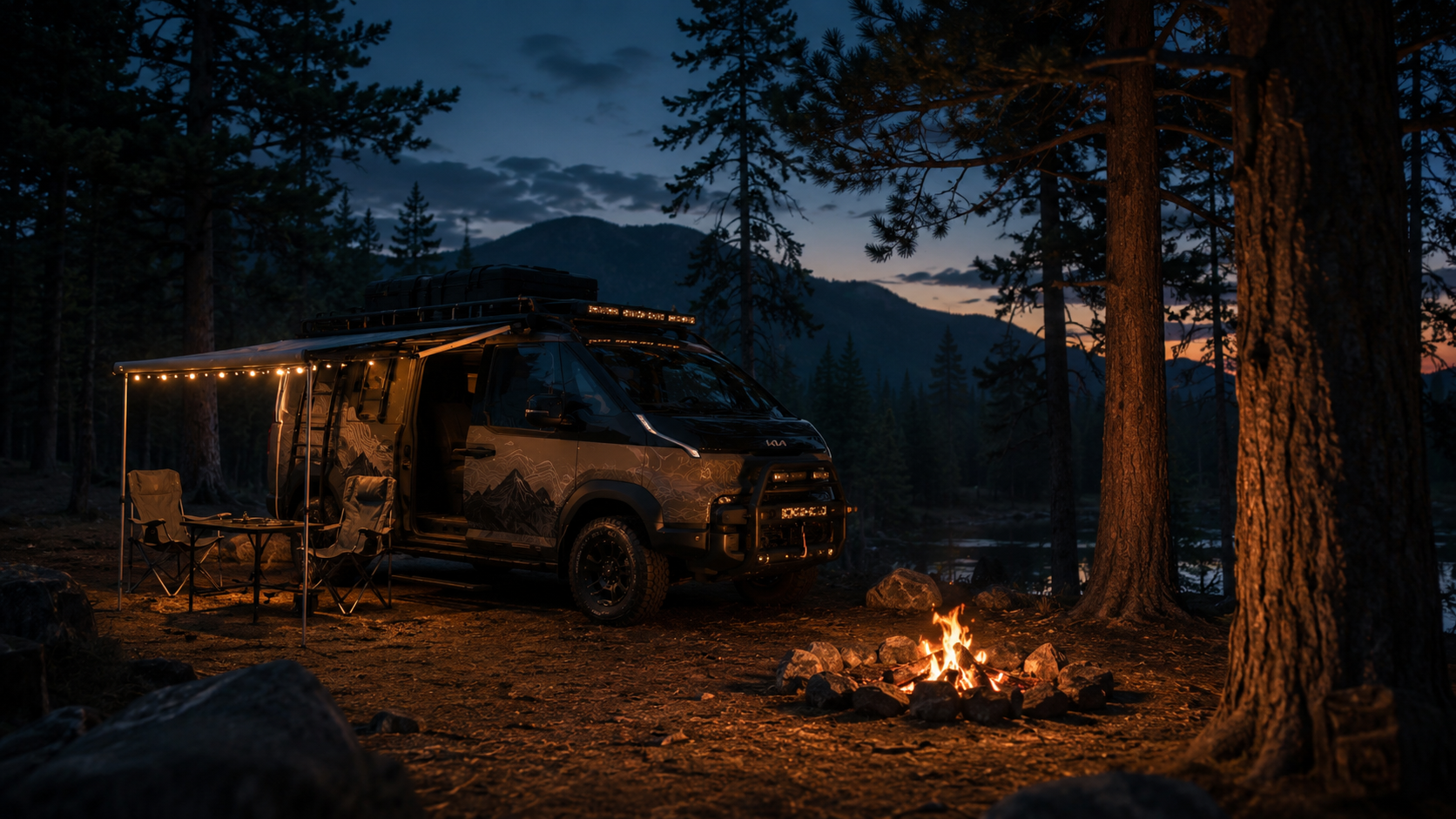 OPV5 in camp mode with awning lights and outdoor seating